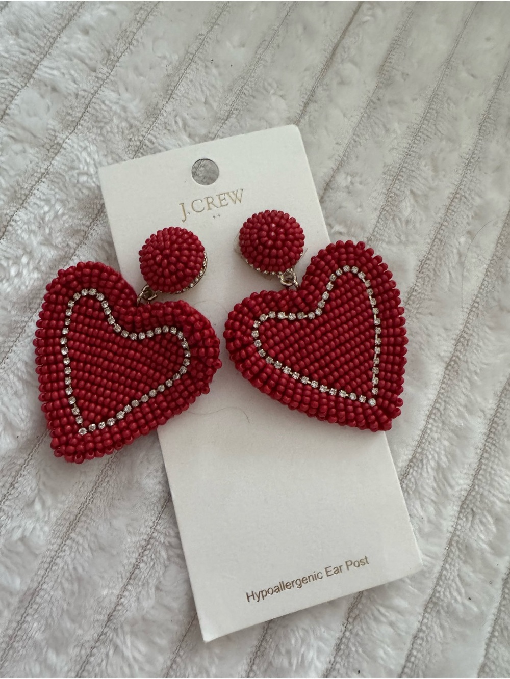 J. Crew Red Beaded Heart Drop Earrings with Rhinestone Accent